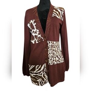 Vintage Women's Brown Patchwork Animal Print Beaded Knit Cardigan Size M